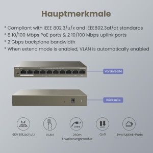 Switch PoE Tenda 10-Port cu 8 Porturi PoE si 2 Uplink, 58W - Img 8