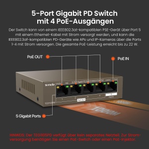 Switch PoE Tenda TEG1105PD, 5-Port Gigabit, Fara Alimentare Externa - Img 2