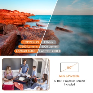 T TOPVISION Mini Beamer, 7500L Portabil Home Theater Beamer Suport 1080P Full HD LCD [Ecran inclus] Video Beamer Compatibil cu Smartphone/TV Stick/PS5/PC/Laptop, usb - Img 2