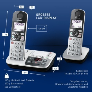 Telefon fix wireless Panasonic KX-TGE522GS, pentru seniori, cu functie SOS, 2 receptoare, negru-argintiu - Img 6
