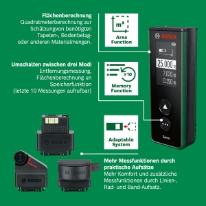 Telemetru laser Bosch Zamo de generatia a 4-a cu 3 atasamente (masurare simpla si precisa pana la 25 m, baterii reincarcabile prin USB-C, cu interfata adaptor, intr-o cutie de comert electronic) - Img 5
