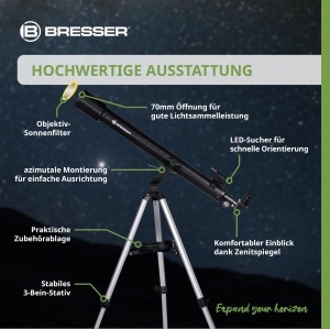 Telescop refractor Bresser Sirius 70900 AZ cu stativ, adaptor smartphone si filtre solare - Img 5