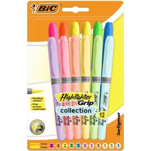 Textmarker BIC Highlighter Grip, 12 bucati, 6 culori intense si 6 culori pastel