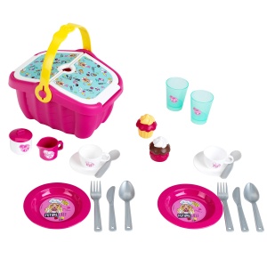 Theo Klein 9527 Cos de picnic Barbie I Cos robust de jucarii plin de vase colorate si briose pentru doi I Dimensiuni 25 cm x 20 cm x 225 cm I Jucarii