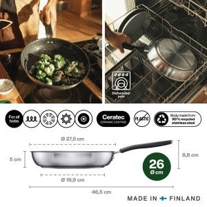 Tigaie Fiskars 26 cm, din otel inoxidabil, ceramica, argintieneagra - Img 2
