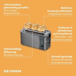 Toaster Severin AT 9341 1400 W InoxNegru Functie decongelare Suport pentru chifle - Img 2