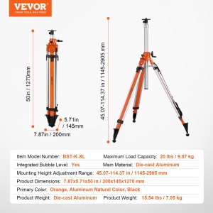 Trepied de constructie VEVOR, suport filetat 5/8"-11, reglabil pe inaltime 1145-2905 mm, trepied de topografie robust, cu nivela cu bula de aer si limitator de difuzie, picioare antiderapante, pentru lasere si dispozitive de nivelare - Img 7