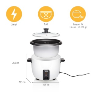 Tristar RK-6117 Aragaz orez, 0.6L, Orez pentru pana la 3 persoane fara ardere, Cu functie de mentinere la cald, 300W, Otel inoxidabil, Alb - Img 2