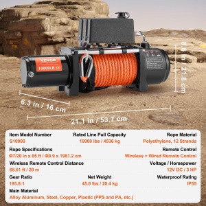 Troliu electric VEVOR S10000, 4536 kg, IP55, motor 12V, cablu sintetic 20 m - Img 7