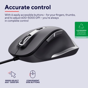 Trust Fyda Mouse PC cu cablu, Design sustenabil, 600-5000 DPI, 6 butoane, suport pentru degetul mare si deget, Mouse USB 150 cm, Mouse ergonomic pentru laptop, PC, MacBook, Birou, Lucru confortabil - Img 2