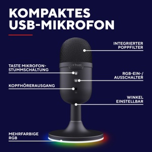 Trust Gaming GXT 236 Yami USB Streaming Microfon PC Podcast Twitch Discord ASMR YouTube, Cardioid Condensator Microfon Gaming, Mute, Iluminare RGB - Negru - Img 2