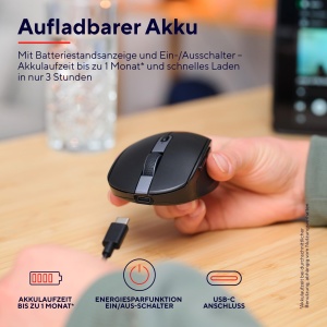 Trust Ozaa Silent Wireless Mouse Bluetooth + 2.4GHz, Compact Multi-Device Wireless Mouse, 60% Plastic Reciclat, Reincarcabil Bluetooth Mouse Laptop PC Computer Windows Android Mac - Negru - Img 4