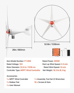 Turbina Eoliana VEVOR 800W 12V cu 5 Rotorblade, MPPT, IP67 - Img 7