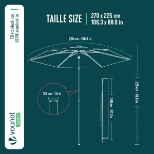 Umbrela de Soare VOUNOT 270 cm, Negru, UV 50, Design Inclinat - Img 3