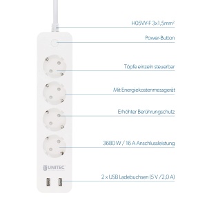 UNITEC 30798 WIFI Priza 4x2 | Prize inteligente Wi-Fi cu temporizator | Masurarea costurilor energiei | Control vocal si APP | Cu 2 iesiri USB - Img 3