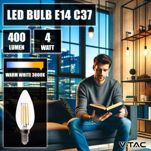 V-TAC 3x Bec LED Filament lumanare E14 4W (echivalent cu 35W) - Alb cald 400 lumeni - Pachet de 6 - Eficienta maxima - Decorare filament - Becuri LED - Bec de economisire a energiei - 3000K - Img 3