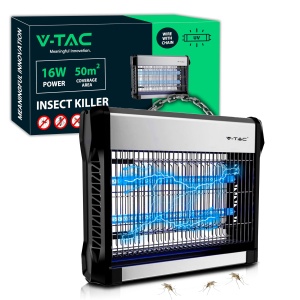 V-TAC Insect Killer Electric 16W cu o raza efectiva de actiune de 50 m2 - Design subtire - Ucigas de insecte cu lumina UV LED albastra pentru uz interior si exterior - Capcana electrica pentru tantari si insecte