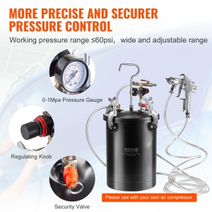 Vas sub presiune VEVOR pentru vopsea spray, vas sub presiune de 15 l, presiune reglabila de 60 psi, vas sub presiune din otel Vas de vopsea cu pistol de pulverizare, furtunuri, manometru, pentru decorarea casei, vopsire industriala - Img 5