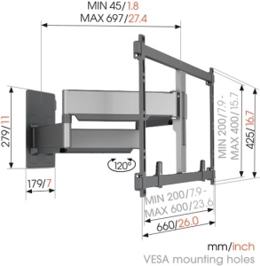 Vogel's TVM 5857 - Suport de perete TV extrem de stabil, pivotant, cu brate duble pentru televizoare mari si grele de pana la 100 inchi si 75 kg, testat TUV, pivotant pana la 120deg, max. VESA 600x400, universal - Img 10