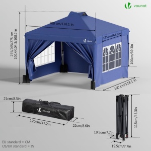 VOUNOT Foisor 3x3m Impermeabil Grajd Rezistent la iarna, Pop Up Foisor pliabil cu 4 panouri laterale si 5 saci de nisip, Cort pliabil pentru petreceri Cort de gradina Foisor de gradina incl. Geanta, Glau - Img 6