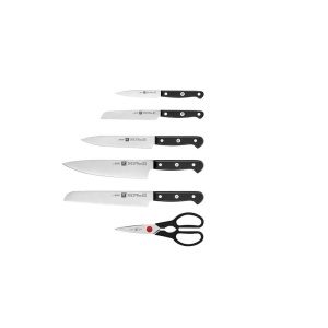 ZWILLING Gourmet Bloc de cutite autoascutit, 7 bucati, cutit si foarfece din maner din otel inoxidabil/plastic, bloc de lemn, cenusa maro [Fabricat in Germania] - Img 2
