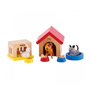 Animale de companie Hape pentru intreaga familie din lemn pentru case de papusi Adaugare la casa de papusi din lemn cu prietenii animalelor vesele caine, pisica, iepure si accesorii