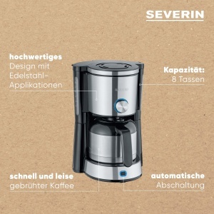 Aparat de cafea SEVERIN "TypeSwitch" cu ulcior termic, AromaSwitch pentru a alege intre 2 profiluri de preparare, aparat de cafea pentru pana la 10 cani, 1.000W, otel inoxidabil periat-negru, KA 4845 - Img 4