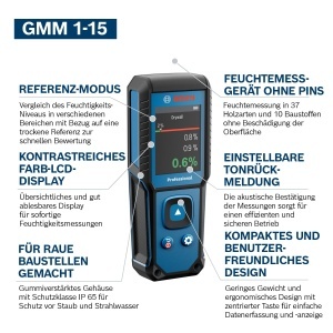 Aparat de masurat umiditatea BOSCH Professional GMM 1-15, non-invaziv, IP65, display LCD - Img 4