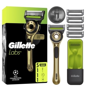 Aparat de ras Gillette Labs Champion Gold Edition cu element de curatare 5 lame si suport de perete