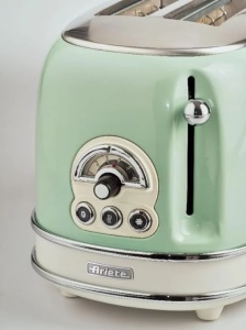 Ariete Vintage 155, prajitor de paine cu 2 felii, prajitor de paine retro cu 6 niveluri de paine prajita, evacuare automata, functie de dezghetare, tava detasabila pentru firimituri, carcasa din otel inoxidabil, cu cleste sandwich, 810W, Vert - Img 2