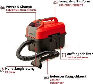 Aspirator fara fir TE-VC 18/10 Li-Solo Power X-Change (rezervor de 10 litri, inclusiv furtun de 2 m, duza creed/perie + perna/duza universala, fara baterie si incarcator), rosu - Img 4