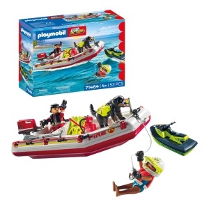 Barca de pompieri PLAYMOBIL 71464 cu Aqua Scooter, accesorii incluse, pentru copii de la 4 ani