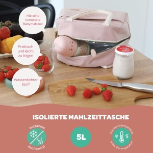 BEABA, Geanta de pranz izolata pentru bebelusi, mese pentru copii, cutie de pranz, mentine cald si racoros, capacitate mare de 5L, tesatura impermeabila, cu buzunar frontal, material moale, budinca roz - Img 3