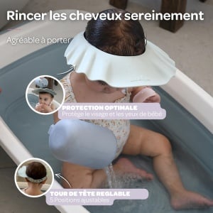 BEABA, Palarie de dus pentru bebelusi, Casca de baie, Circumferinta capului reglabila, 5 pozitii, Protectie pentru ochi si urechi, Silicon moale si flexibil, Gri-verde - Img 3