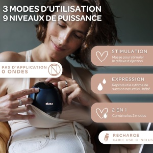 BEABA, Pompa de san electrica hands-free, Usoara, Compacta, 3 moduri, 9 niveluri, 0 valuri, Silentioasa, Capacitate mare 180mL, Temporizator, Functie memorie, 6 sedinte, Incarcator USB C, Albastru noapte - Img 3