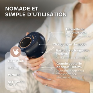 BEABA, Pompa de san electrica Simpla, mobila si usoara, 3 niveluri, 9 niveluri, silentioasa, capacitate 180mL, lumina de noapte, cronometru, functie de memorie, 6 sedinte, functie de incarcare USB C, Albastru de noapte - Img 4