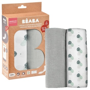 BEABA, Set 2 scutece de muselina pentru bebelusi, muselina din bumbac organic, Multifunctional: patura de schimbat, salopeta, patura nomada, patura dragalasa, Ultra moale, respirabil, 120 cm, gri miraj/jungla