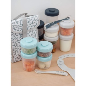BEABA, Set de 12 recipiente de depozitare si 2 linguri de hranire din silicon, recipiente stivuibile, 100% etanse, congelare, lapte matern, 2 x 90 ml + 4 x 150 ml + 6 x 250 ml, eucalipt - Img 7