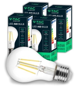 Bec LED V-TAC E27 Filament A60, 6W, 600 Lumen, 3000K, 4 bucati