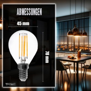 Bec LED V-TAC P45 Filament E14 4W (35W echivalent) - 400 Lumen, 3000K, 6 bucati - Img 5