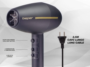 BEPER 40.406 Uscator de par profesional cu motor AC, 2 viteze si 3 temperaturi, moduri aer cald si rece, putere 2400W - negru/auriu - Img 3