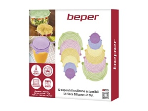 BEPER, capac colorat C102COC101 silicon, extensibil, 12 bucati, colorat, robust, reutilizabil pentru alimente, boluri, farfurii, borcane, oale, fara BPA, diverse dimensiuni, capace magice - Img 12