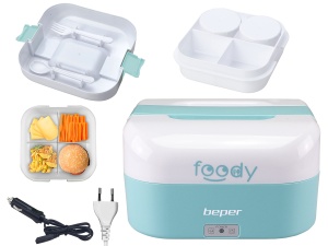 BEPER FOODY Cutie de pranz electrica pentru masina, camion, birou, scoala cu priza dubla (masina/perete) - cutie de pranz termica cu 4 compartimente interioare separabile + tacamuri incluse, albastru