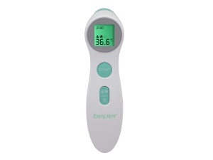 BEPER P303Med001 Termometru clinic cu infrarosu, fara contact, masoara corpuri/lichide/obiecte si suprafete, afisaj LCD iluminat din spate, memorie pentru 10 masuratori, alb/verde apa