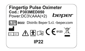 BEPER P303MED050 pulsoximetru, oximetru, pulsoximetru pentru saturatie de oxigen (SpO2), puls (PR), afisaj LED, alimentat cu baterie, curea de transport inclusa - Img 5