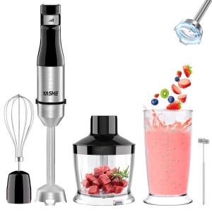 Blender de mana YASHE 5 in 1, blender de mana electric de 1000 W, blender de mana cu viteza continua, otel inoxidabil, set de blender de mana cu tocator de 500 ml, ceasca de masurare de 600 ml, tel si spumant de lapte - Img 1
