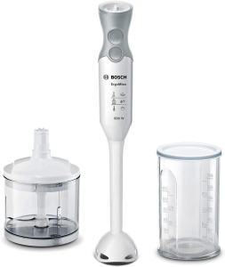 Blenderul de mana Bosch ErgoMixx MSM66020, baza blenderului, ceasca de amestecare si masurare, cutit cu 4 lame, design ergonomic, 12 niveluri plus turbo, 600 W, alb/gri - Img 1