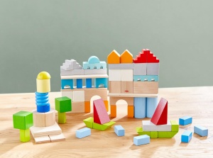 Blocuri de Constructie HABA 85 Piese Colorate cu Sac de Bumbac - Jucarie Educativa - Img 2