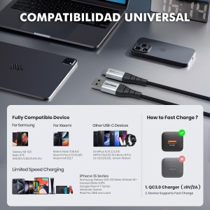 Cablu USB A la USB C GRIFEMA 2 m, 3,1 A, Nylon rezistent - Img 7