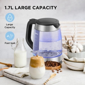 Cafetiera Midea Wasserkocher 1,7 Litri, 2200 Watt, Borosilikat, LED Albastru - Img 2